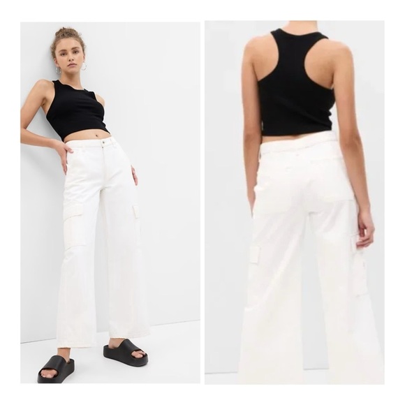 GAP Women's Ecru Wide Baggy Low Rise Cargo Jeans 100% Cotton Loose Size 31 - Picture 1 of 14